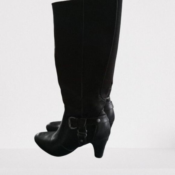 LIFESTRIDE BLACK TALL HEELED ZIPPERED FAUX LEATHER BOOTS SIZE 7.5 - Picture 1 of 7